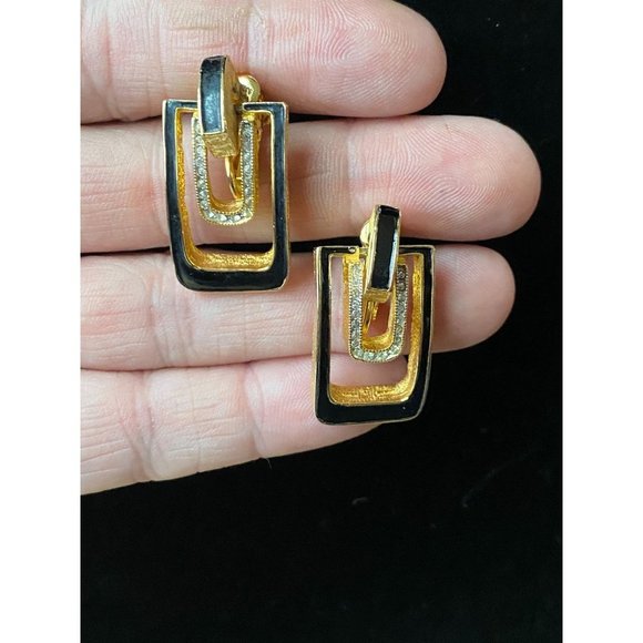 Vintage DG Signed Door Knock Black/Gold Clip-on Earrings  with Rhinestones - Picture 1 of 5